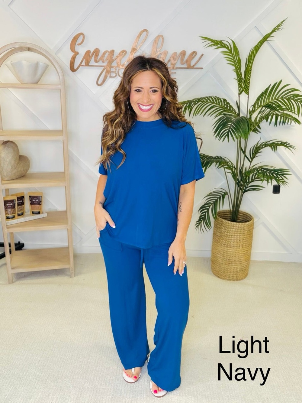 Zenana Outfitters Blue Navy Light Ribbed Lounge Set Flare Pants Slub Top